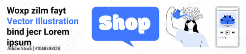Text with placeholder words, speech bubble with Shop written in it, character watering flowers sprouting from head, and mobile phone with flower icon. Ideal for ecommerce, online shopping, digital