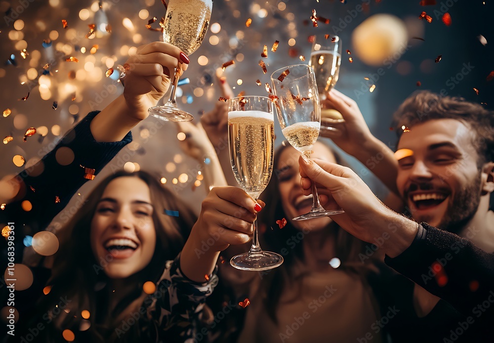 A Medium shot Close up Happy friends celebrating together with rooftop party image A Medium shot Close up Happy friends celebrating together with rooftop party image