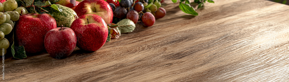 Fresh apples and assorted fruits on rustic wooden table surface, showcasing vibrant and inviting arrangement. weathered texture adds warmth and charm to scene Fresh apples and assorted fruits on rustic wooden table surface, showcasing vibrant and inviting arrangement. weathered texture adds warmth and charm to scene