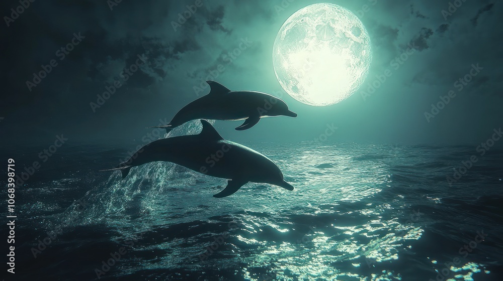 Fototapeta premium Two Dolphins Jumping in the Moonlight