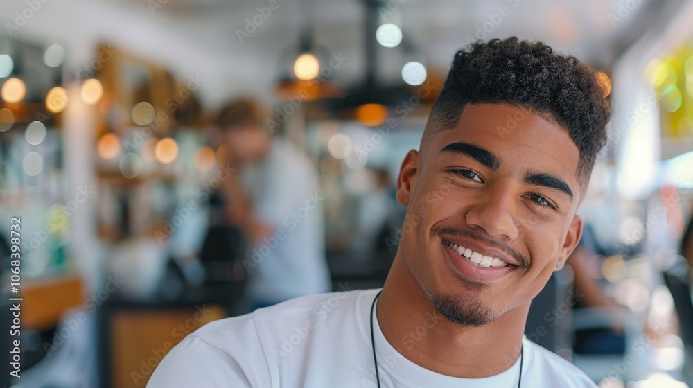 Modern Barbershop: In a sleek barbershop, a man admires his fresh haircut in the mirror, showcasing a confident smile that reflects his self-assured style.
Modern Barbershop: In a sleek barbershop, a man admires his fresh haircut in the mirror, showcasing a confident smile that reflects his self-assured style.