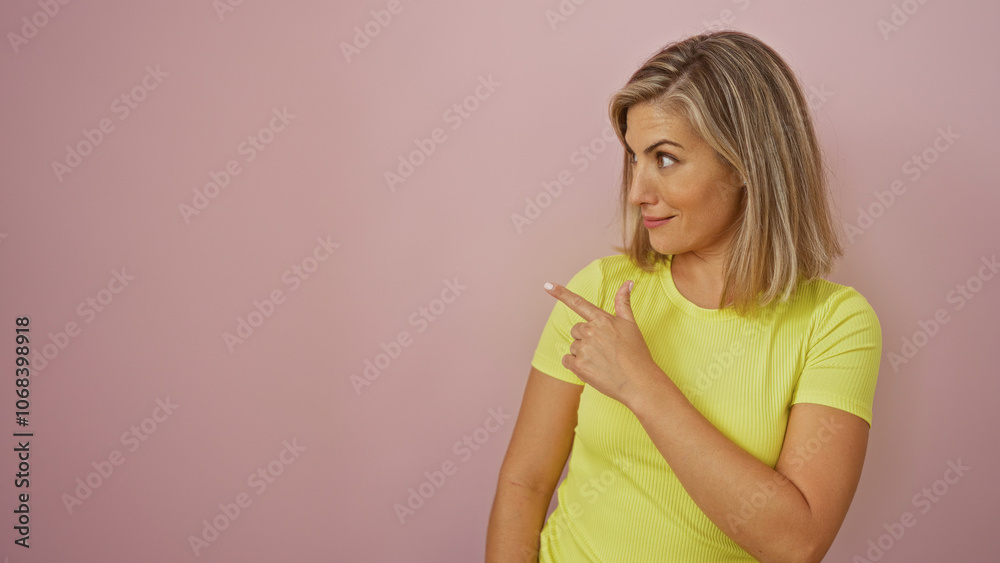 Blonde woman pointing in a yellow shirt against a pink background, looking to the side with a playful expression Blonde woman pointing in a yellow shirt against a pink background, looking to the side with a playful expression