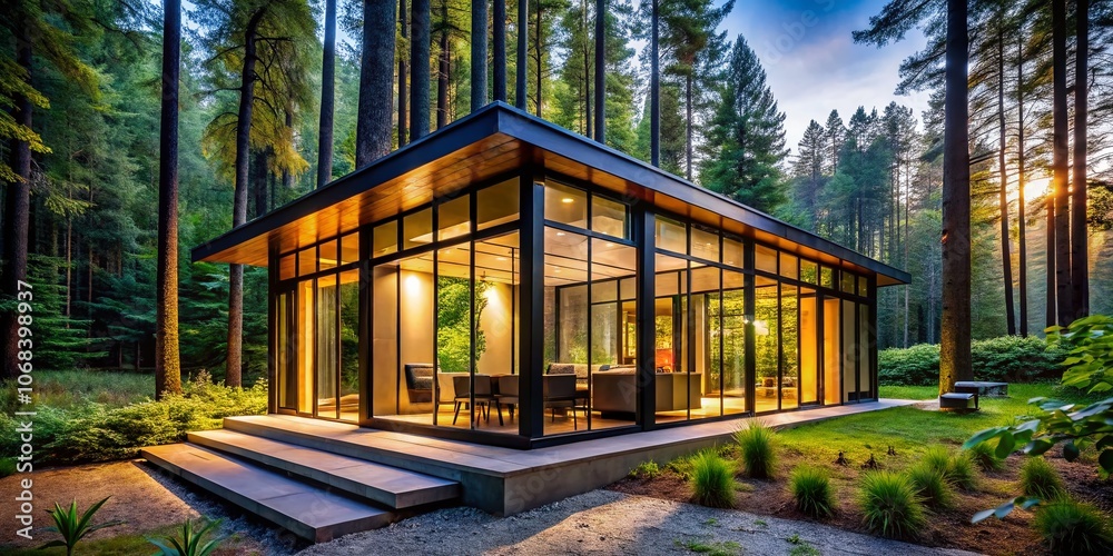 Modern Glass and Steel Cabin in the Woods Surrounded by Lush Greenery, Ideal for a Nature Retreat, Showcasing Minimalist Architecture and Relaxing Atmosphere Modern Glass and Steel Cabin in the Woods Surrounded by Lush Greenery, Ideal for a Nature Retreat, Showcasing Minimalist Architecture and Relaxing Atmosphere