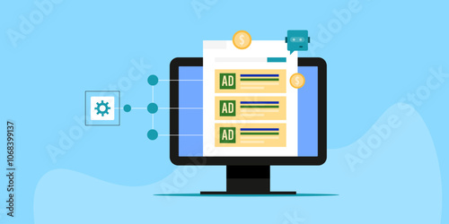 Search engine ad placement driven by AI technology, bid amount and optimized advertising content algorithm for pay per click campaign, vector illustration.