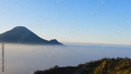 Dieng plateau. View of Dieng plateau in sunrise moment and in bluesky. The highest plateau island in Java, Indonesia.