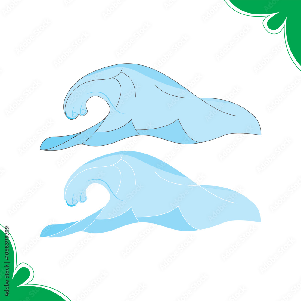 Naklejka premium Wave. Natural strong disaster with fog and tsunami waves from ocean with house, mountains, palms and lighthouse. Earthquake tsunami wave