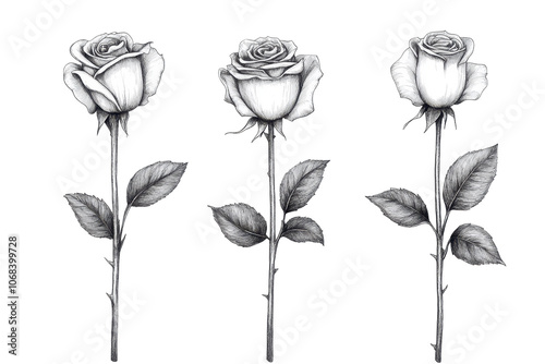 Beautifully drawn isolated roses showcasing intricate details 
