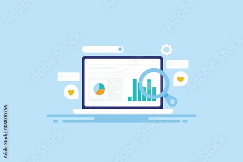 Business intelligence and big data analytics display real time metrics, growth KPI and financial statistics on computer screen, information technology vector illustration.