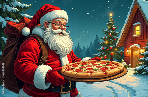 Santa Claus delivers delicious pizza and stands at home on a snowy night. Christmas and New Year's fast food for a festive evening or party. Delivery from the pizzeria concept photo