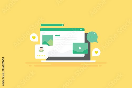 Digital content marketing, blog and video publish, social media and user rating high quality and engaging post, automate business process vector illustration.