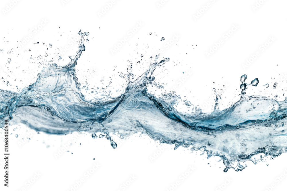 Water splashes and drops isolated on white background. Abstract background with blue water wave Water splashes and drops isolated on white background. Abstract background with blue water wave