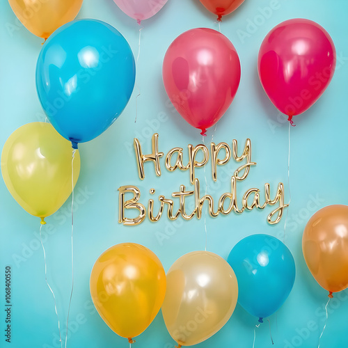 blue birthday background with balloons in the air, featuring a blue balloon on the left