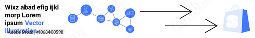 Blue interconnected network nodes and arrows pointing to a shopping bag logo. Ideal for data integration, system conversion, digital solutions, online shopping, and technology-driven processes