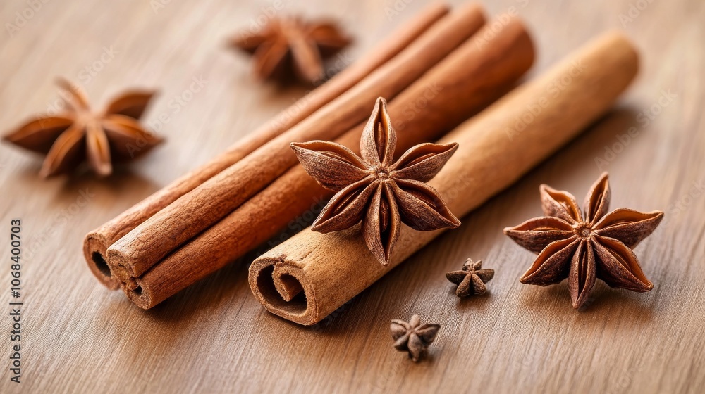 Cinnamon Sticks and Star Anise on Wooden Background. Cinnamon Sticks and Star Anise on Wooden Background.