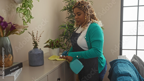 A young african american woman with braids is cleaning a living room in her home, wearing an apron and holding a spray bottle and cleaning cloth, amidst a variety of houseplants.
