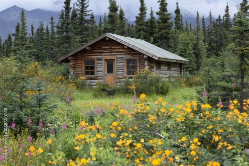 Charming log cabin surrounded by colorful wildflowers, creating a serene and picturesque scene