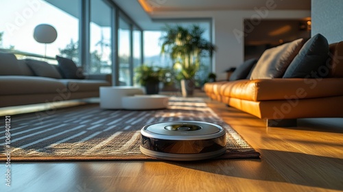 A smart robot vacuum that moves around a modern living room