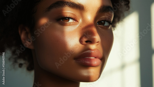 Close-up of a woman's face illuminated by warm sunlight, showcasing natural beauty, flawless skin, and serene expression with shadow play across her features.