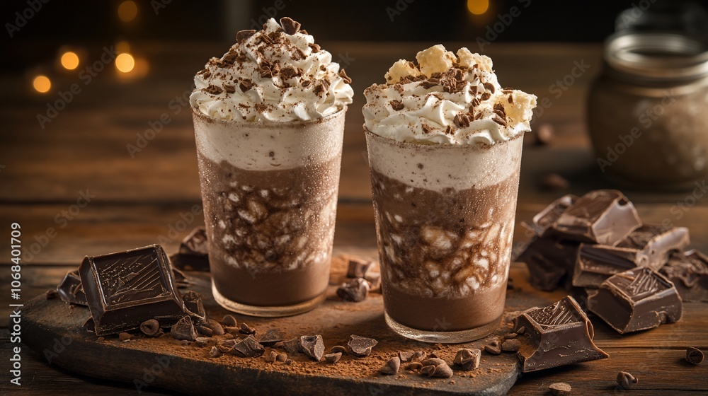 Two glasses of chocolate milkshake with whipped cream and chocolate shavings, on a wooden table with chocolate squares and cocoa powder. Two glasses of chocolate milkshake with whipped cream and chocolate shavings, on a wooden table with chocolate squares and cocoa powder.