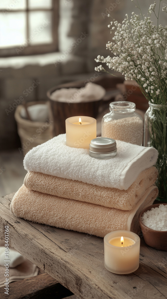 Elegant spa arrangement with stacked towels, lit candles, and bath salts Elegant spa arrangement with stacked towels, lit candles, and bath salts