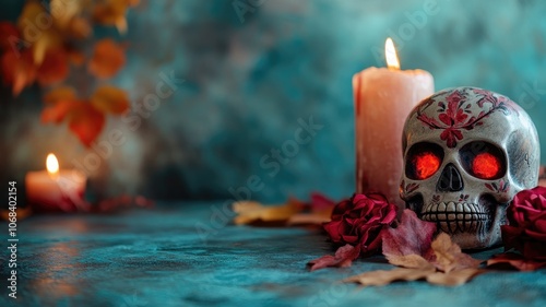 Decorative skull with lit candles surrounded by leaves, set against moody backdrop photo