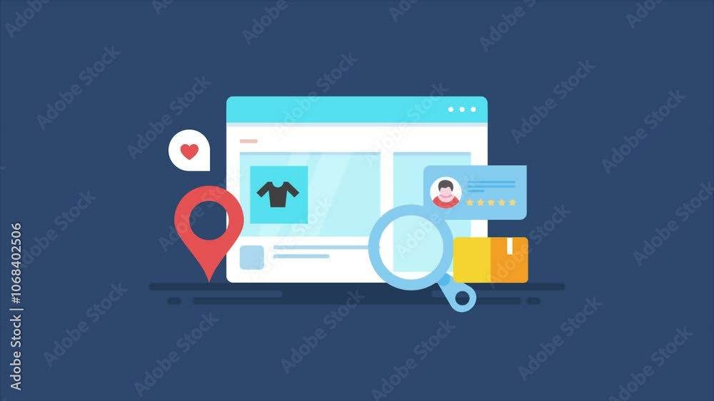 Ecommerce webstore display clothing product with secure payment app and location-based delivery service, online shopping concept video animation.