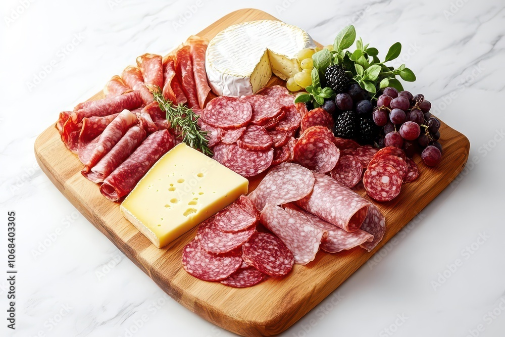 Artfully arranged charcuterie board featuring an array of meats, cheeses, and fresh garnishes for a delightful feast. Artfully arranged charcuterie board featuring an array of meats, cheeses, and fresh garnishes for a delightful feast.