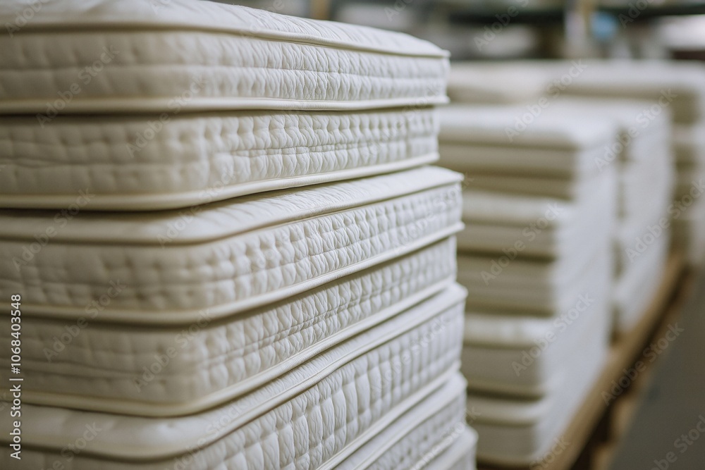 Naklejka premium A stack of thick, white mattresses with a quilted pattern, ready for display or shipping