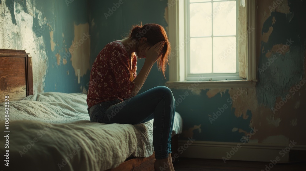 A woman is sitting on the edge of her bed, her head down, immersed in anxiety and mental fatigue. This shows the burden of stress and emotional strain. A woman is sitting on the edge of her bed, her head down, immersed in anxiety and mental fatigue. This shows the burden of stress and emotional strain.