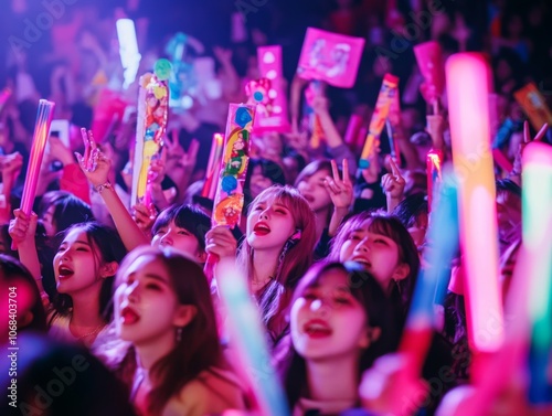 "Passionate K-Pop Fans Cheering with Colorful Banners and Light Sticks at a Live Concert"