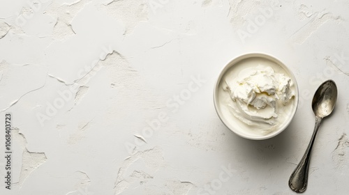 Whipped Cream in Bowl with Spoon on White Textured Background.