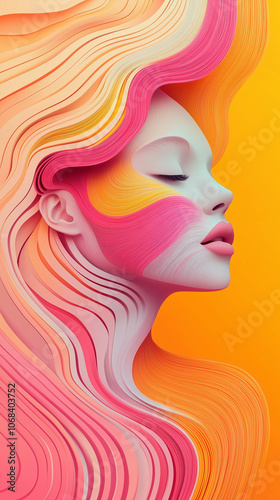 Abstract colorful portrait of a serene face with flowing layered textures, blending vibrant hues of pink, orange, and teal in a surreal style.