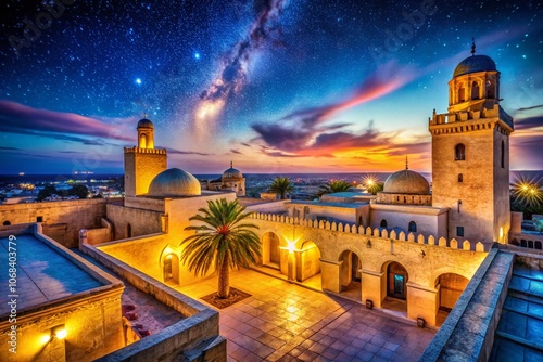 Night Photography of the Great Mosque in Sousse Illuminated by Soft Lighting, Showcasing the Architectural Beauty and Cultural Significance of This Historic Landmark in Tunisia
