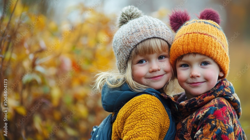 Two kids in cozy winter clothes standing outdoors fall Two kids in cozy winter clothes standing outdoors fall