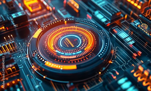 Wallpaper Mural Close-up of a Futuristic Technological Interface with Glowing Orange and Blue Lights Torontodigital.ca