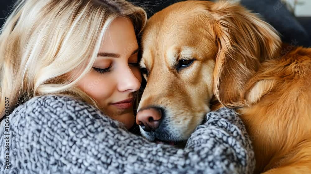 Young woman cuddles closely with her golden retriever, sharing a warm, comforting moment, symbolizing love, companionship, and relaxation.