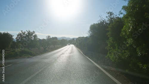 Sunlit road stretching through countryside with car in distance, flanked by lush green trees and gentle hills in the background, evoking a serene and peaceful journey.