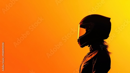 Visualize a minimalist portrait of an older woman in a matte black helmet and jacket, posed against a fiery orange gradient, highlighting her confident silhouette. photo