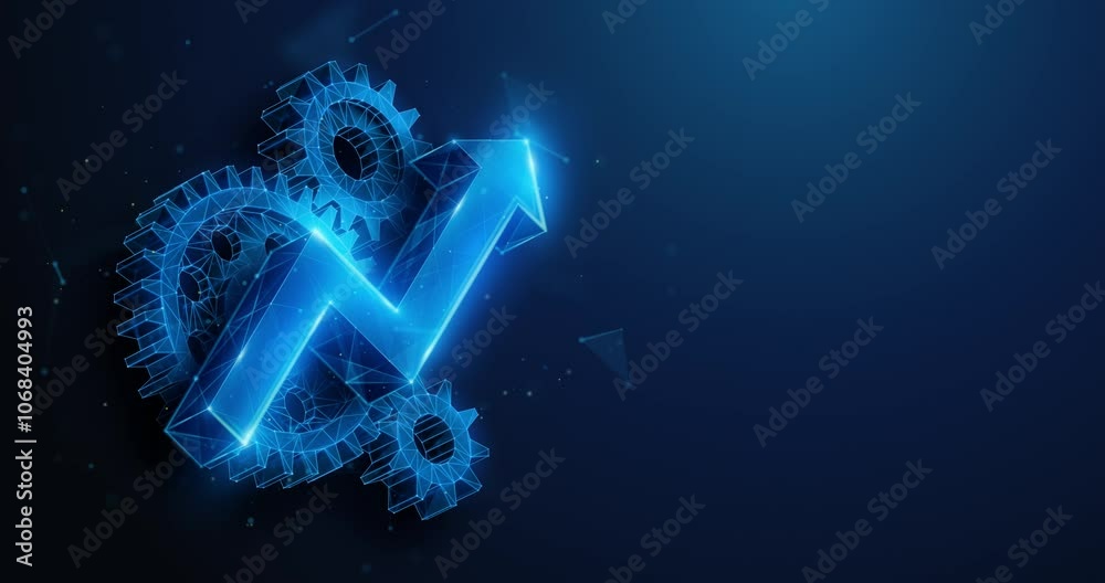 Abstract animation of low poly arrow up over gears spinning together. Operational excellence, optimize technology, innovation, production growth concept by wireframe mesh. 4K looped motion graphic