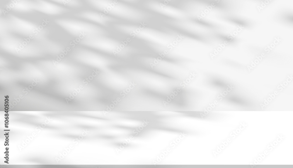 Fototapeta premium Light and shadow leaf on white background.Natural abstract shadow,sunlight diagonal refraction on grey concrete wall texture.Vector mockup sunbeams,foliage effect overlay for graphic design layout