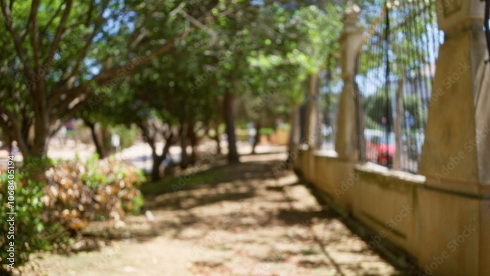 Blurred view of a sunny outdoor path lined with trees and a stone fence creating a defocused, bokeh effect Blurred view of a sunny outdoor path lined with trees and a stone fence creating a defocused, bokeh effect