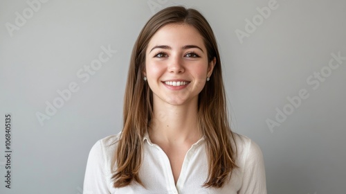 Smiling Young Woman in White Shirt.