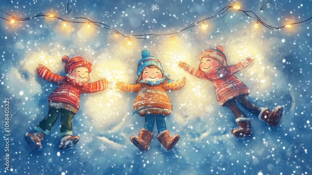 Happy kids friends in winter closes making snow angel, cute winter illustration. Christmas wallpaper, background with children, holiday banner, festive poster, greeting card Happy kids friends in winter closes making snow angel, cute winter illustration. Christmas wallpaper, background with children, holiday banner, festive poster, greeting card