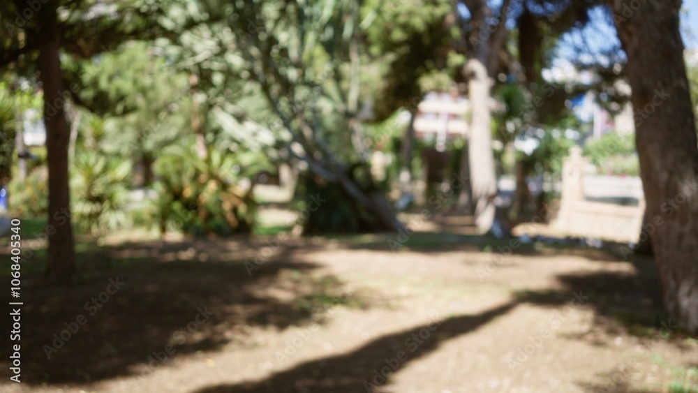 Defocused outdoor park scene with blurred trees and greenery under natural sunlight Defocused outdoor park scene with blurred trees and greenery under natural sunlight