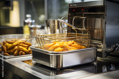 Deep fryer in a kitchen with fried food