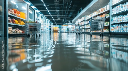 Flooded supermarket with shopping carts reflecting in water