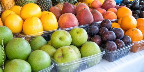 A colorful display of fresh fruits at a market, showcasing variety and vibrancy.