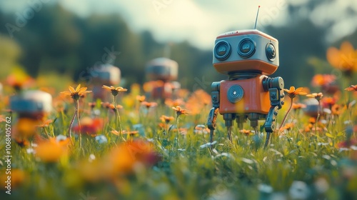 Autonomous robotic gardeners tending to a field of wildflowers, using AI to care for and preserve the natural ecosystem.