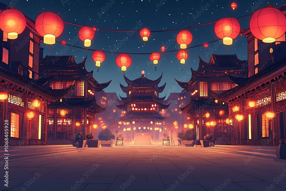 Chinese new year street festively decorated with lanterns, chinatown city background. 
