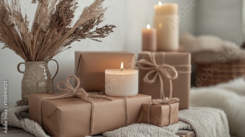 Cozy Winter Decor with Candles and Gifts.